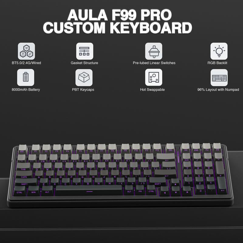 AULA F99 Pro Wireless Mechanical Keyboard,Gasket Hot Swappable Custom Keyboard,Rgb Backlit,Pre-Lubed Linear Switches,Side Printed PBT Keycaps,2.4Ghz/Usb-C/Bt5.0 Mechanical Gaming Keyboard Christmas Gift