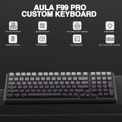 AULA F99 Pro Wireless Mechanical Keyboard,Gasket Hot Swappable Custom Keyboard,Rgb Backlit,Pre-Lubed Linear Switches,Side Printed PBT Keycaps,2.4Ghz/Usb-C/Bt5.0 Mechanical Gaming Keyboard Christmas Gift